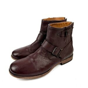 Frye Tyler Engineer Ankle Boots 8.5 Womens Dark Brown Burgundy Leather Moto